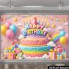 2D Pink Pastel Birthday Backdrop with Cake, Balloons & Stars