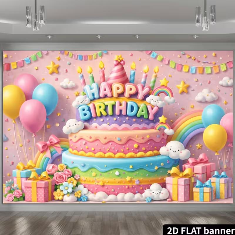 2D Pink Pastel Birthday Backdrop with Cake, Balloons & Stars