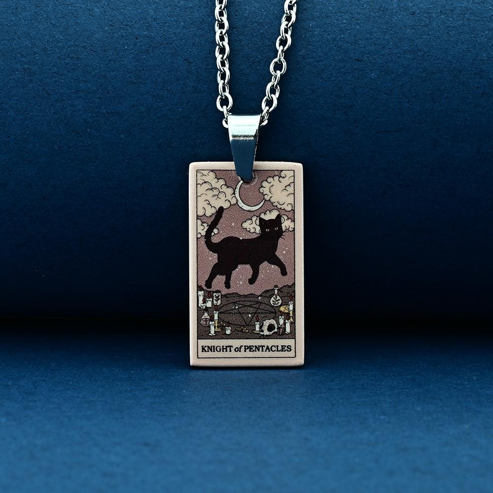 Stainless Steel Cat Tarot Card Necklace for Men Women Animal Divination Jewelry Accessory