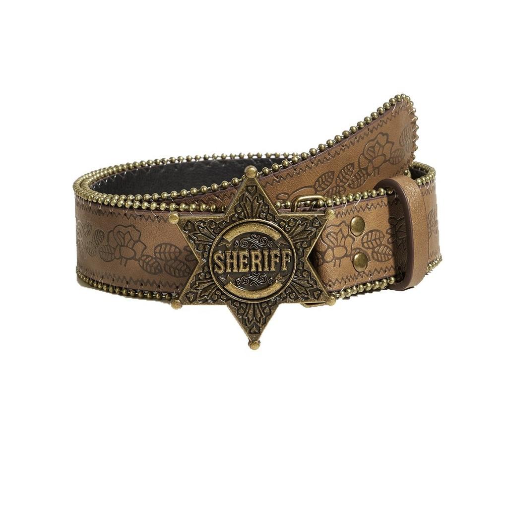 Sheriff Youth Letter Casual Leather Belt Metal Snap Buckle Rivets Daily Wear