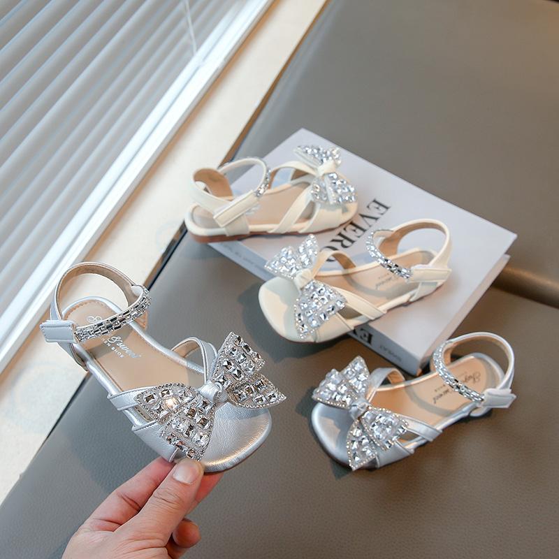 Girls Beach Shoes Open Toes Shiny Crystal Kids Sandals Non-slip Soft Sole 2025 Summer New Kids Princess Shoes Elegant Hook&loop