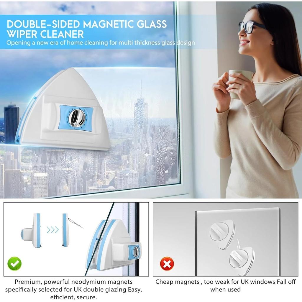 Double Sided Magnetic Window Cleaner, Ultra-Strong Double Glazing Window Cleaning Equipment with Easy-grip Handle, Demagnetization Adjustable Cleaner