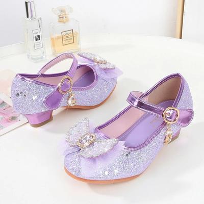 Girl Leather Shoes Mary Jane Sequins Bowtie Children Causal Wedding Party Dress Shoes Fashion Kids Princess Glitter High Heels
