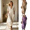 Sommer-Maxikleid für Damen, Lockeres V-Ausschnitt Fließendes Langes Kleid, Lässiges Kurzarm Strandurlaub Sommerkleid mit Taschen