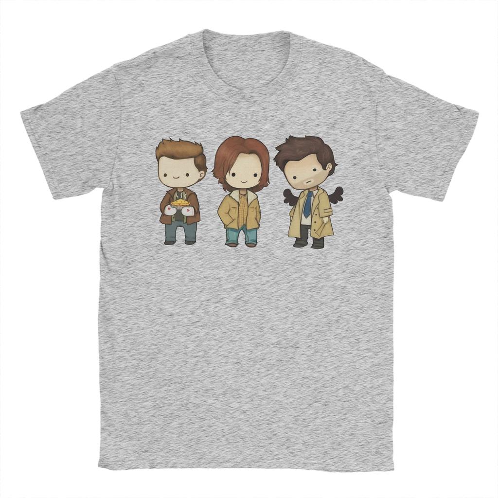 Humor Sam Dean Castiel Supernatural Chibi TShirt Men Round Neck Pure Cotton T Shirts TV Shows Short Sleeve Tees Gift Tops