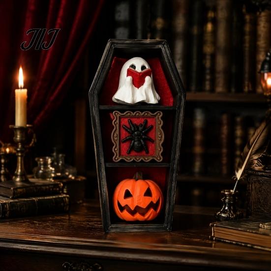 Spooky Window Display Props Halloween Gothic Coffin-Shaped Fidget Clicker Toy, Mini Push Pop Sensory Toy with Small Collectible Figures Ghost Pumpkin