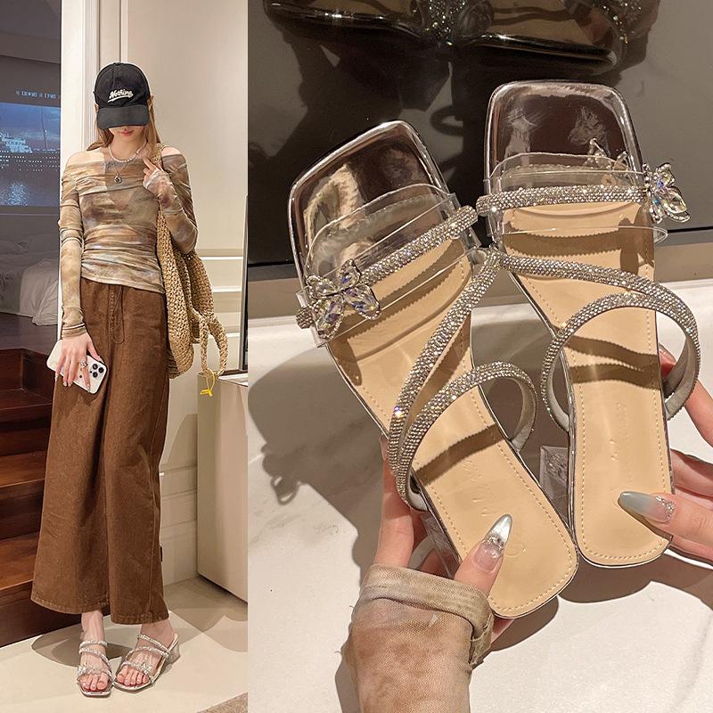 French thick-heeled slippers for women's summer wear 2025 new bow rhinestone temperament high-heeled crystal sandals for women