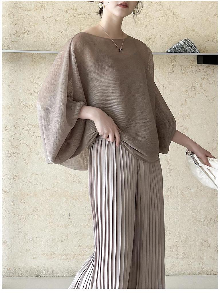 Early Spring High-End Pleated Batwing Sleeve Mesh Top - Japanese Korean Casual Sweet Style