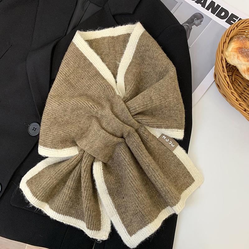 Knitted scarf, neck cover, warm in winter, double-sided contrasting color, student neck protection, simple cross, lazy scarf.