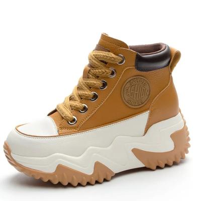 Sapatos de Plataforma Cuña de Couro Genuíno de Vaca Outono Bombas Botinhas Femininas para Tornozelo Primavera Tênis Chunky Tênis de Cano Alto Verão