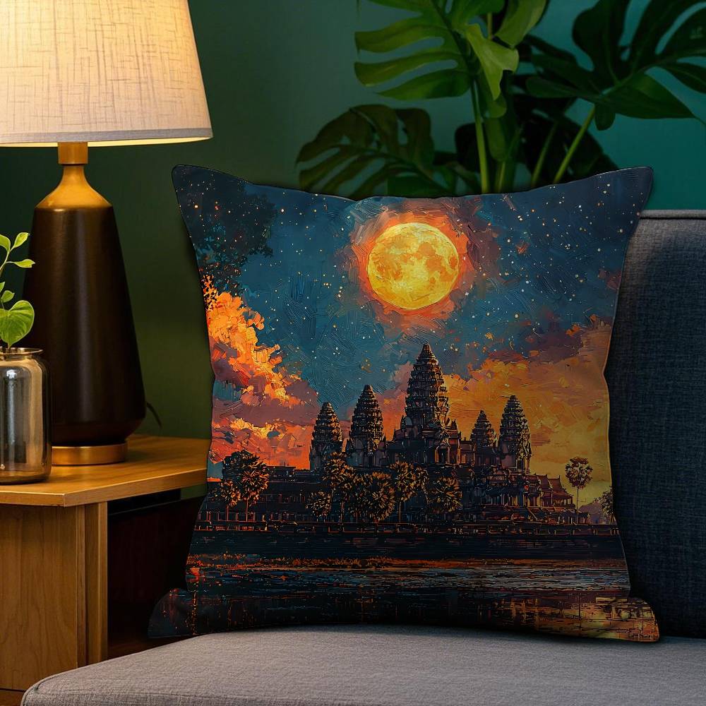 Angkor Wat Pillow Case Anti-dustmite Pillowcase Invisible Zipper Silky Short Plush Sofa Cushion Cover