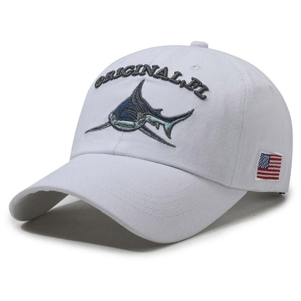 Washed Cotton Shark Embroidered Baseball Cap Hip Hop Adjustable Outdoor Fishing Hat Sunscreen American Flag Patch