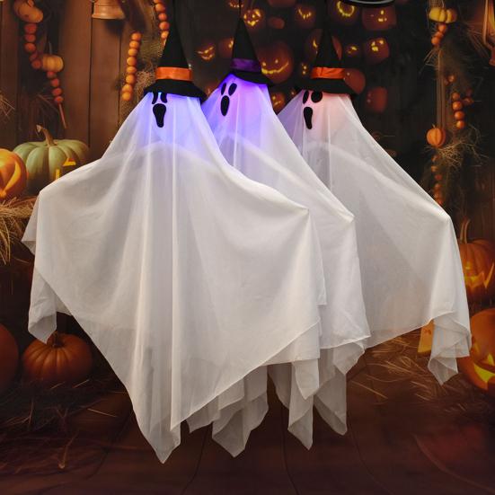 Halloween Hanging Light-up Ghosts Outdoor Flying White Cloth Ghost with Witch Hat for Front Yard Patio Lawn Garden Porch Indoor Outdoor Decoration