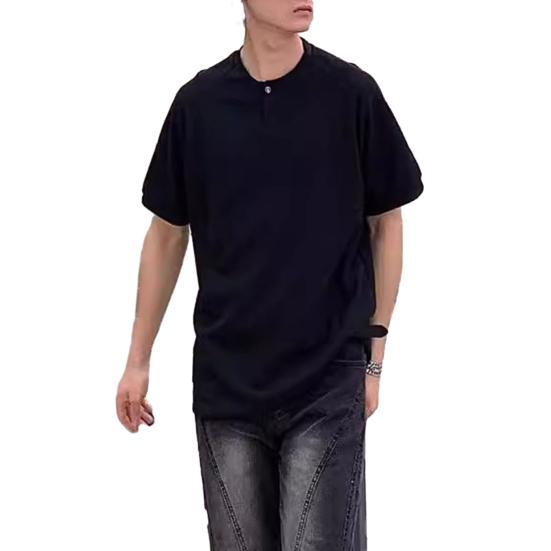 Men Shirt Round Neck Buttons Half Placket Short Sleeve Loose Fit Tops Waffle Texture Casual Tee Shirt Home Gym Streetwear