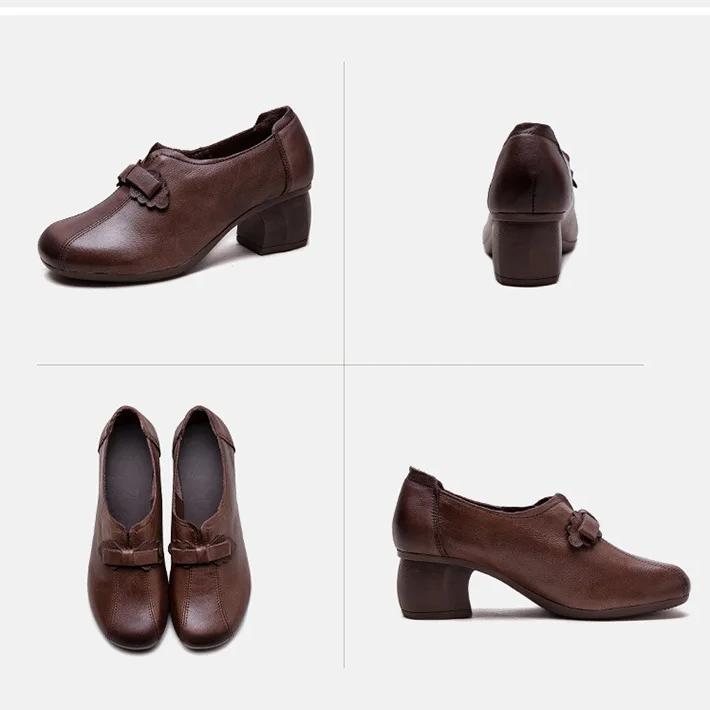 Johnature Retro Dame Hæler Sko Casual Ekte Skinn Pendler Allsidige Dame Slip-on Sko