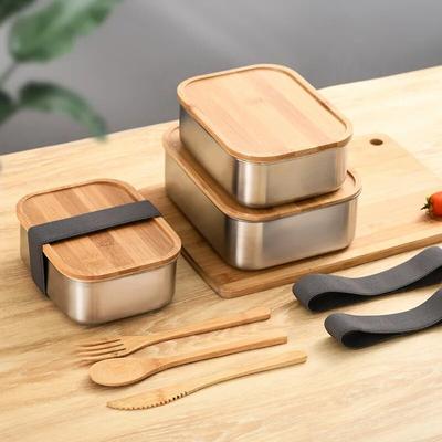 Lunchbox mit Holzdeckel, 304 Edelstahl, Bento-Box im japanischen Stil, Bambusdeckel, Lebensmittelbehälter, tragbare Lunchtasche, Picknick-Sandwich