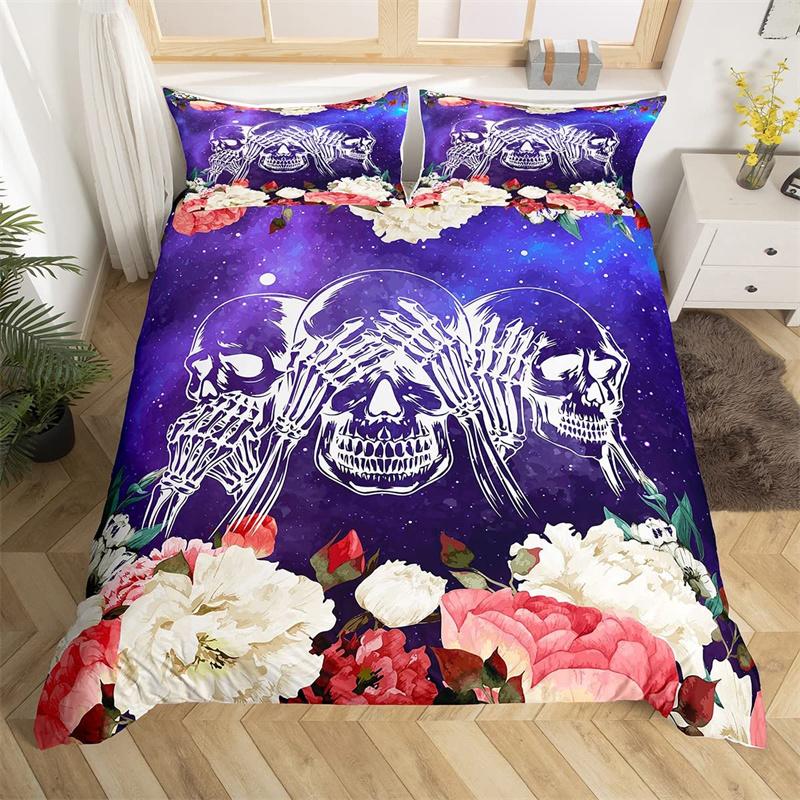 Skull Duvet Cover Set Queen Black Skeleton Paisley Floral Pattern Bedding Set For Teen Adult Polyester Halloween Comforter Cover