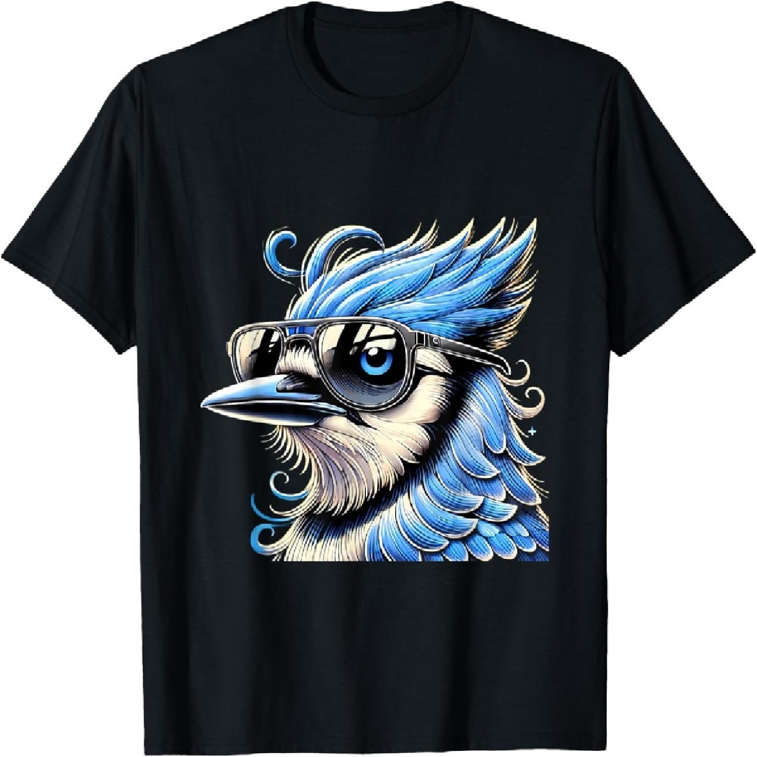 

Cool Blue Jay Bird Wearing Sunglasses Graphic Art T-Shirt S