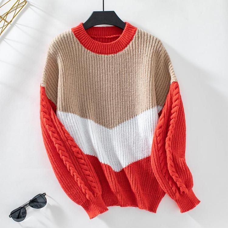 Vintage Collision Color O Neck Loose Long Sleeve Knitwear Cardigan Sweater Top Autumn Winter
