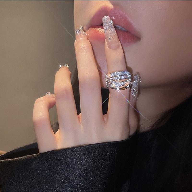S925 Silver Plated Open Crossover Ring for Women, Wide Band, Trendy Light Luxury Style with Simple Lines for Index Finger.