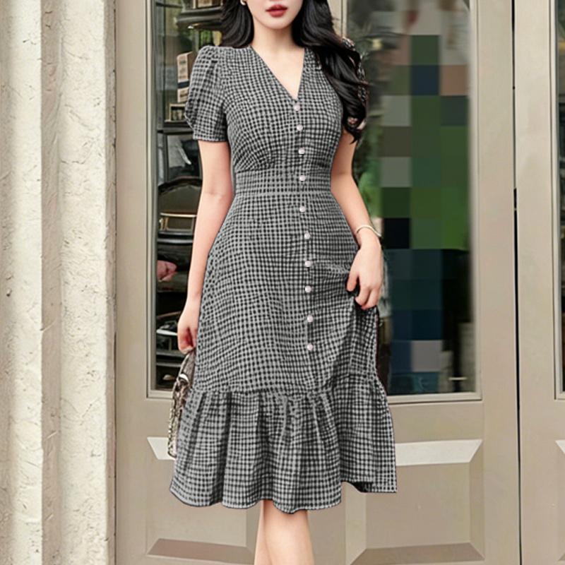 ZANZEA Women Casual V-Neck Short Sleeve Grid Print Dress S чёрный
