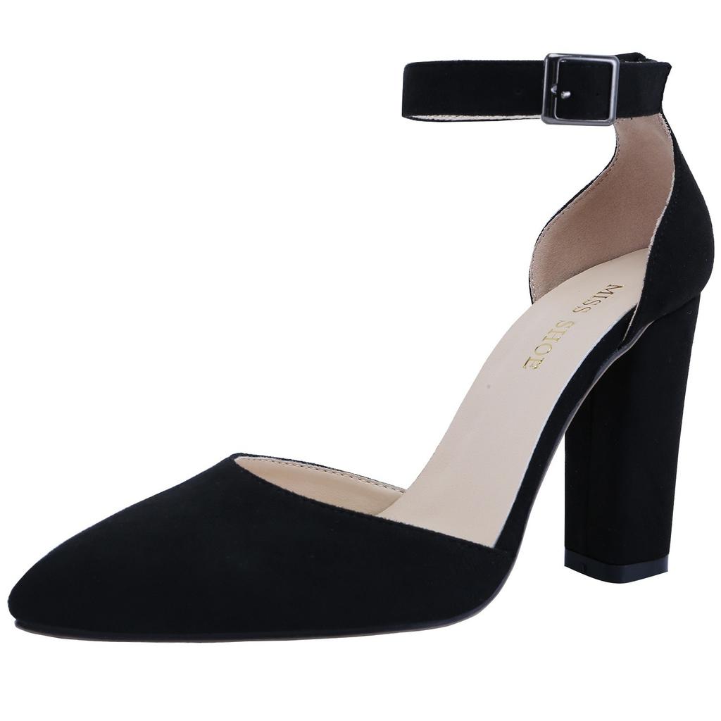 LOSLANDIFEN Women Pumps Sexy Ankle Strap 10CM Thick Heel Large Size Pointed Toes High Heels Black Party Dress Wedding Shoes