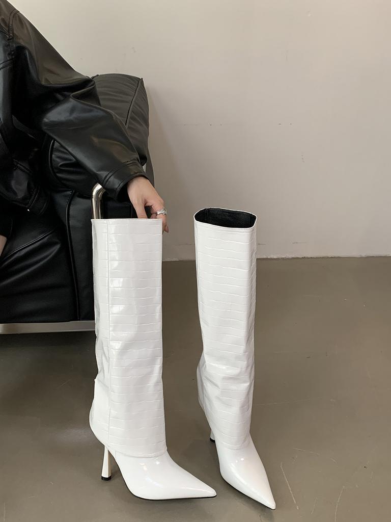 Fashion Pointed Toe Women Knee High Heels 2024 New Arrivals Fashion Thin High Heels Black Brown White Stiletto Party Pumps Chelsea Botas