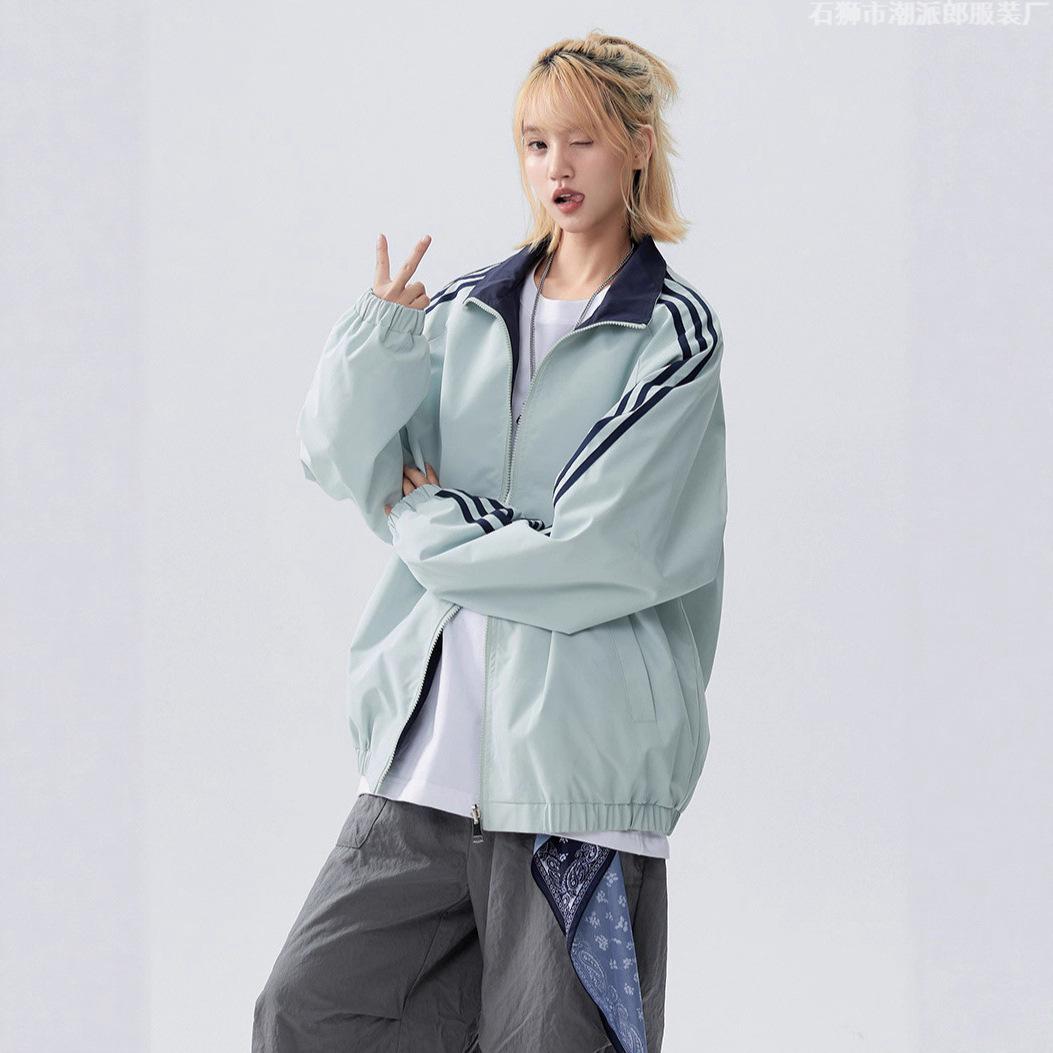 

Двусторонняя куртка Куртка для мужчин и женщин Осенняя Новая Корейская Одежда В Полоску Клипса S мятный зеленый