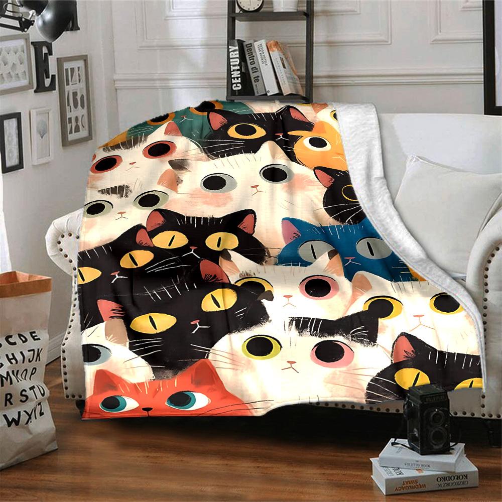 1pc Cat Pattern Print Blanket - Lightweight Flannel Throw Blanket For Sofa, Bed, Living Room, Office, Outdoor Travel, Camping, Soft All-Season Throw