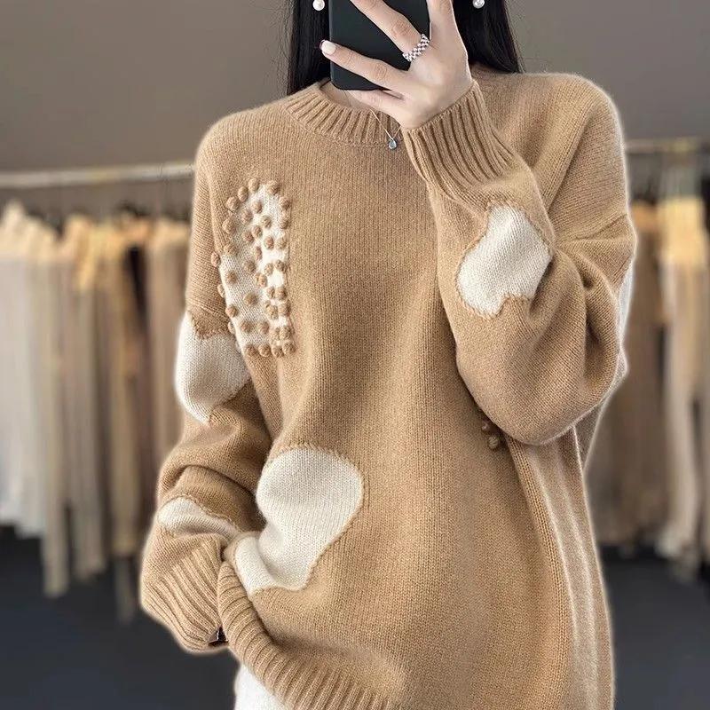 Sweater for Women Winter Oversize Thickened Pullover Warm Knitted Striped Crew Neck Base Layer Stretchy Long Sleeve Jumper Tops