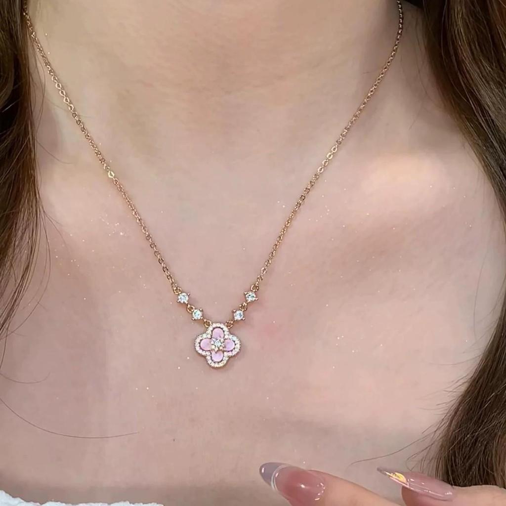 Rosa Muschel Diamant Vierblättriges Kleeblatt Halskette - Damen Luxus Elegant Vielseitig Schlüsselbein Kette