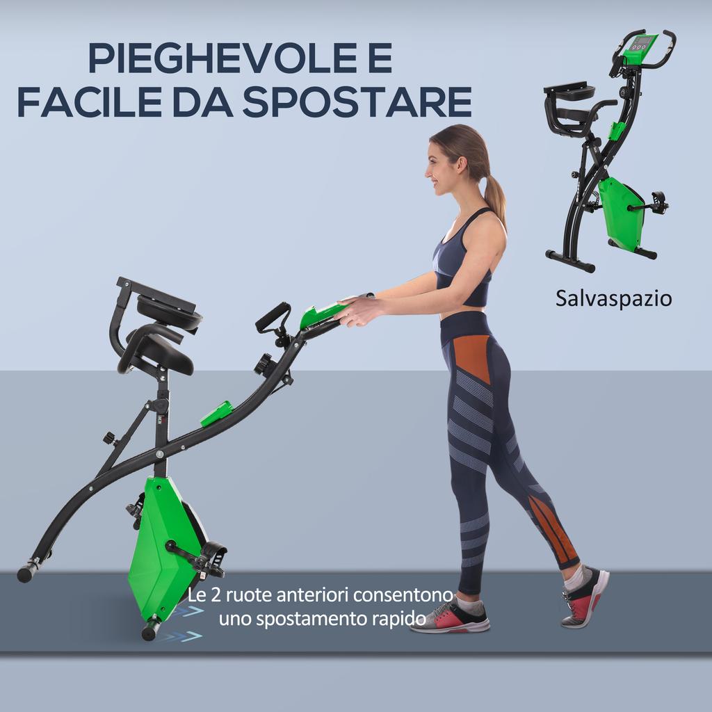 Cyclette Pieghevole 2-in-1 con Resistenza Magnetica a 8 Livelli, Elastico per Braccia, Sensore di Battito Cardiaco, Verde