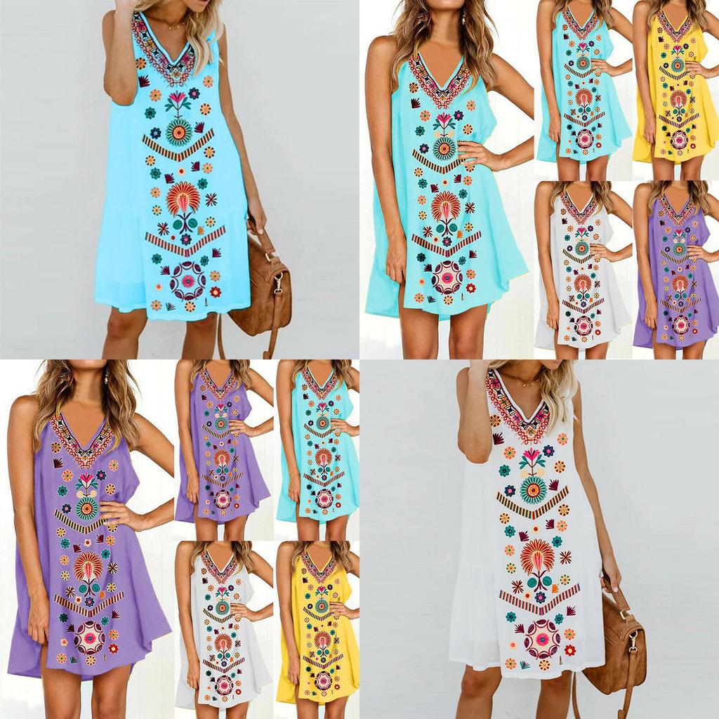 Womens Midi Dress Sleeveless Boho Beach Casual Floral Sundress Perfect For Summer