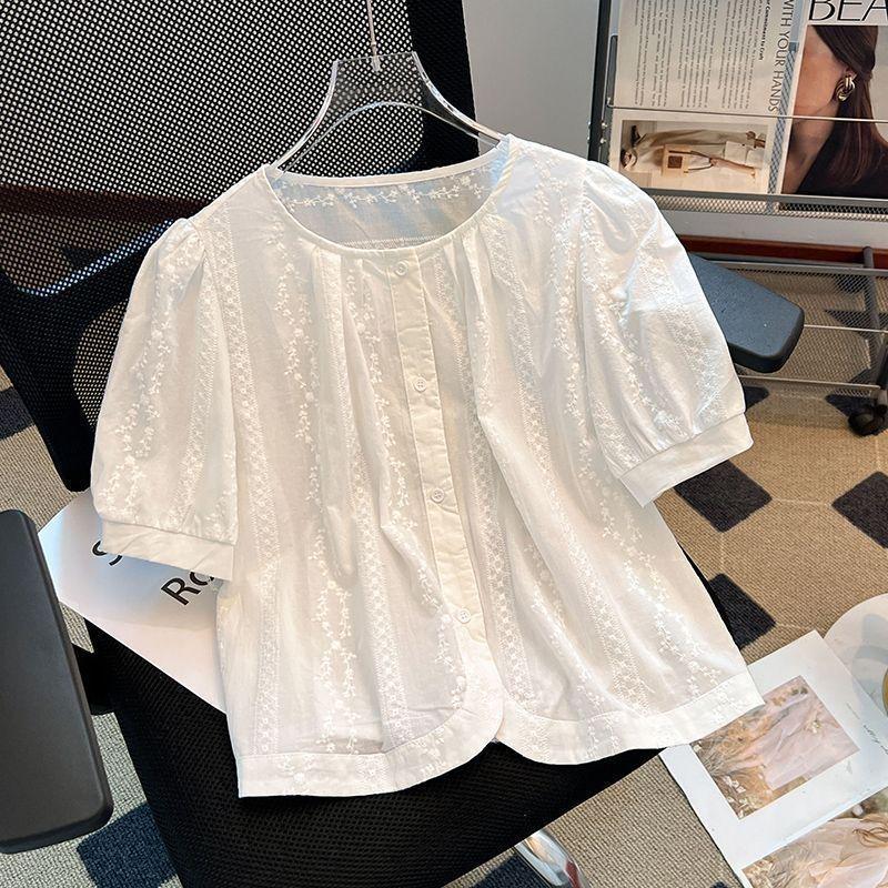 Plus Size Slimming Lace-Up Puff Sleeve Summer Top 2XL белый