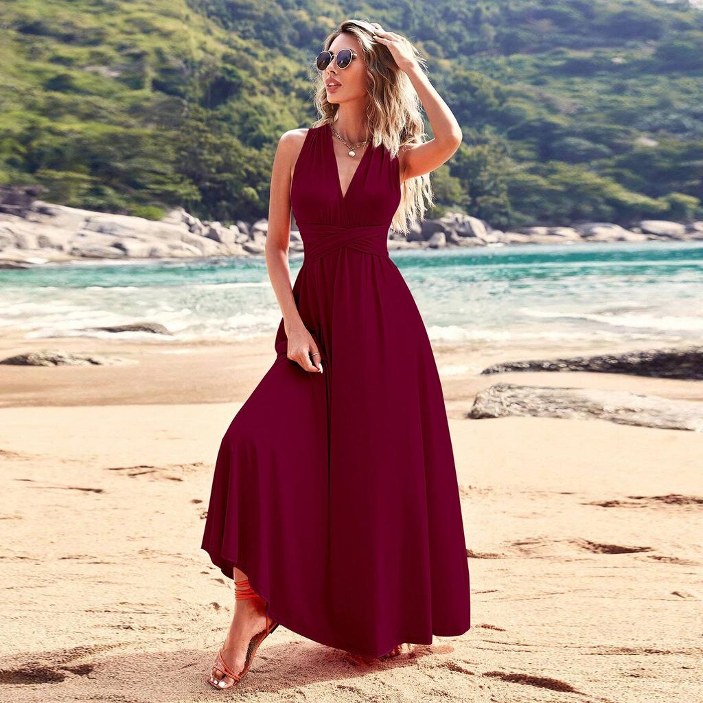Women's Fashion Summer Backless V-neck Sleeveless Strappy Solid Color Dress