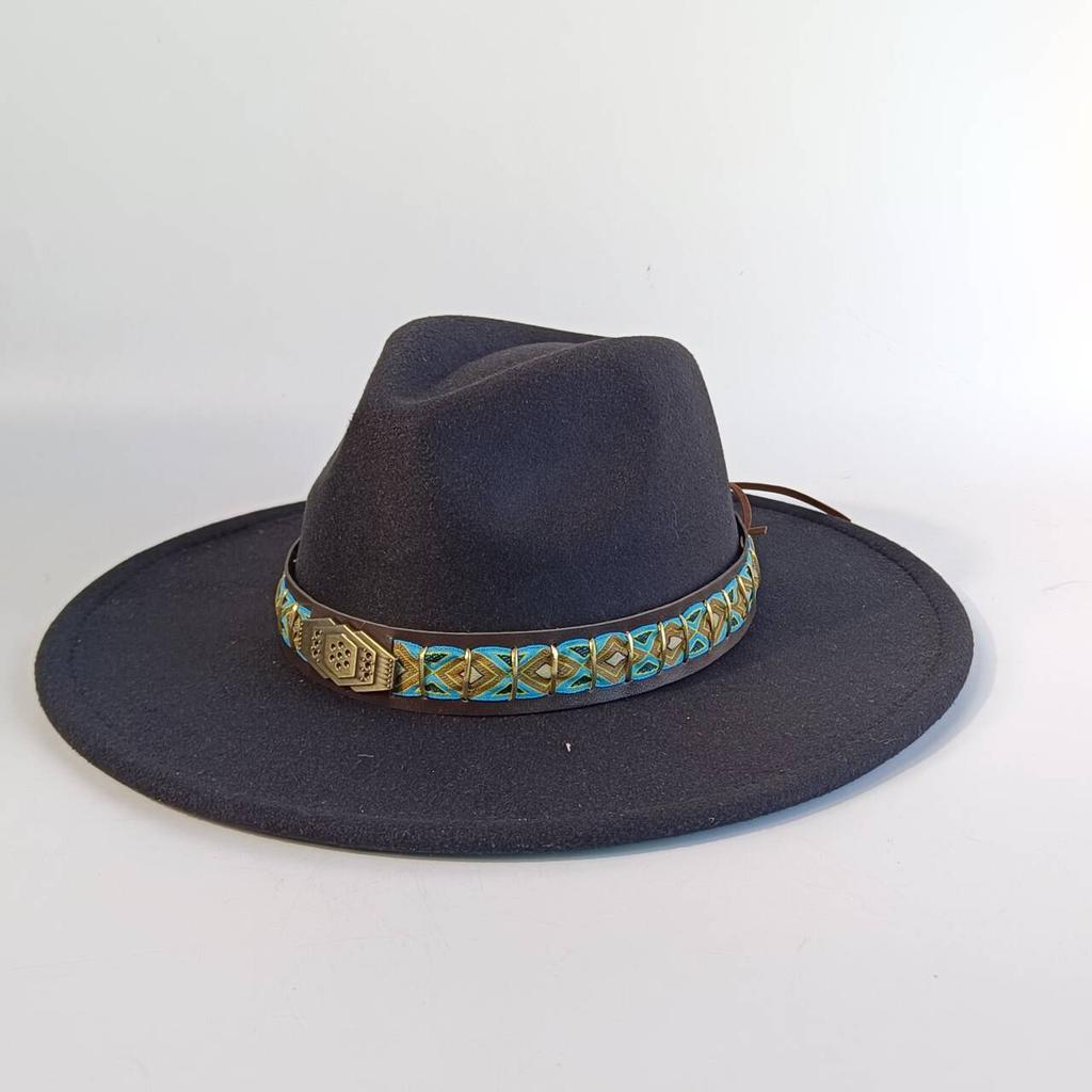 Felt Hat with Vintage Leather Belt, Fashionable European and American Jazz, Classic Church Style, Wide Brim, 9.5cm