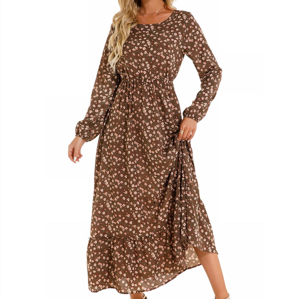 Women Spring Autumn O Neck Long Sleeve A Line Slim Elastic Waist Floral Print Long Dress Ruffle Clothing