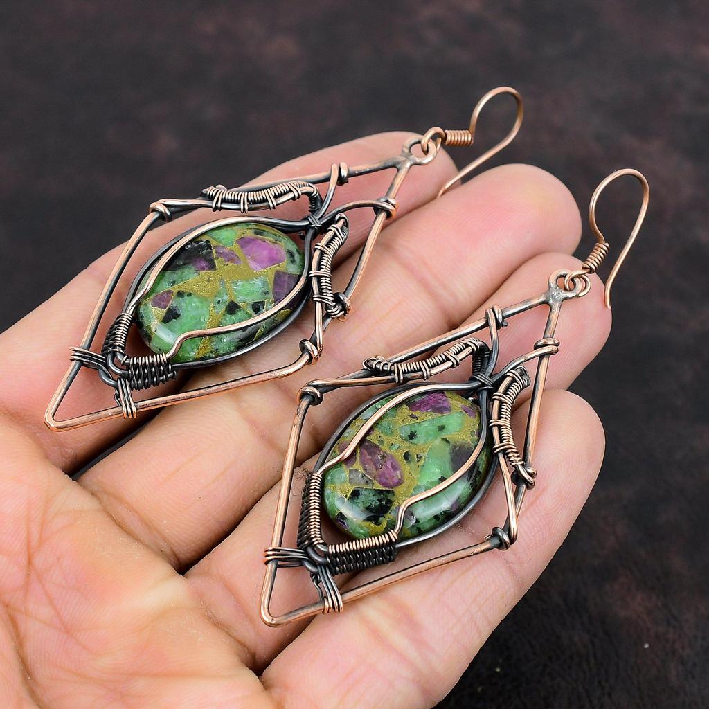 Copper Ruby Zoisite Earring Copper Wire Wrapped Earrings Natural Gemstone Earring Copper Jewelry Handmade Earring Wire Jewelry Gift For Her