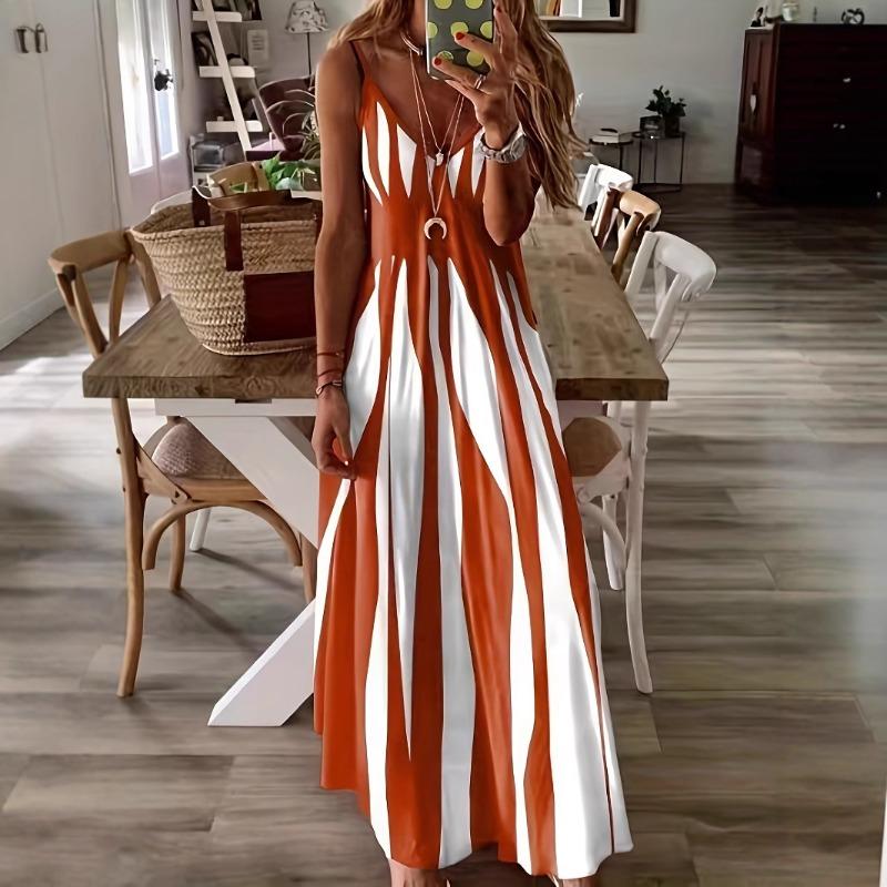 

Длинное платье с V-образным вырезом и цветными блоками, с принтом в полоску, женские приталенные платья на весну и лето 5XL оранжево-красный