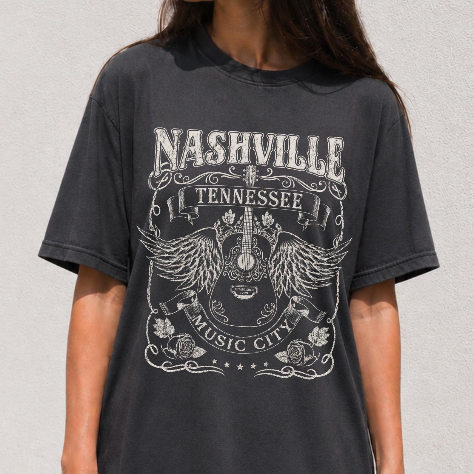 Unisex Nashville Tennessee Music City Guitar Skull T-shirt, Country Rock Tee, Vintage T-Shirt, Rock tee, Retro tshirt, Indie Bohoo 3XL