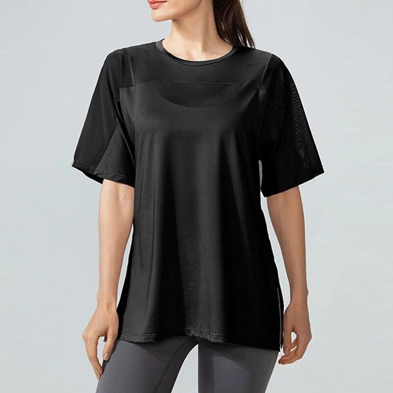 O Neck Short Sleeve Running Quick Drying Fitness Blouse Women Summer Side Cracking Sports T-shirt Mesh Loose Yoga Tops 30662