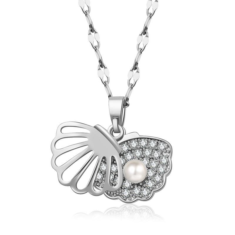 

Fan Unique Shape Shell Pearl Necklace For Men And Women Stylish Alloy Pendant With Water Wave Chain For Wear Casual серебряный