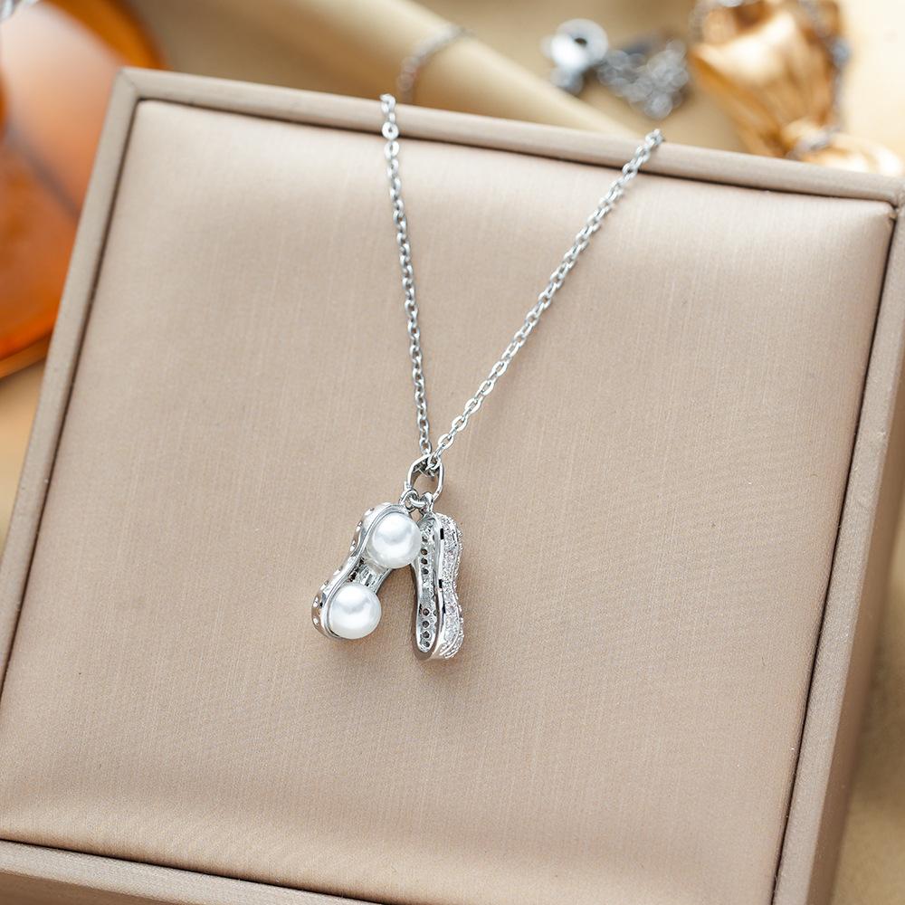 Titanium Steel Necklace with Micro-Set Pearl Peanut Pendant Minimalist Luxury Collarbone Chain Jewelry