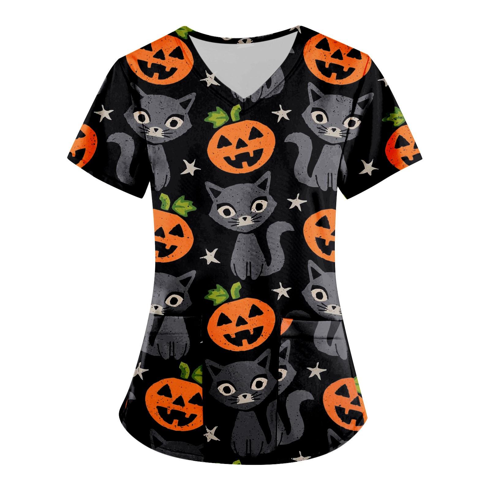 

Women Fashion Halloween Printing Short Sleeve V-Neck Tops Working Uniform Pocket Blouse L