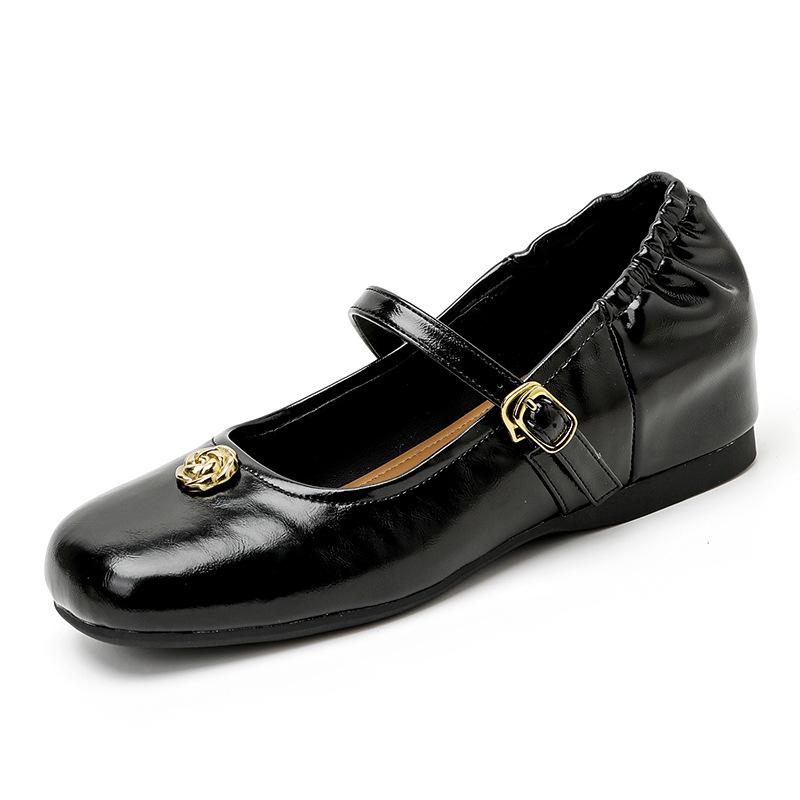 Retro camellia round head inner height-increasing single shoes women's flat bottom shallow mouth Mary Jane shoes grandma shoes