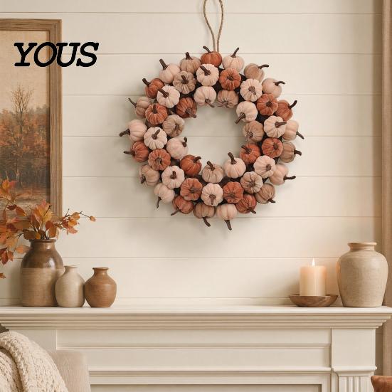 Velvet Pumpkin Garland Wreath Door Hanger, Fall Thanksgiving Garland, Rustic Vintage Decoration Autumn Harvest Decor for Entryway Window, Farmhouse