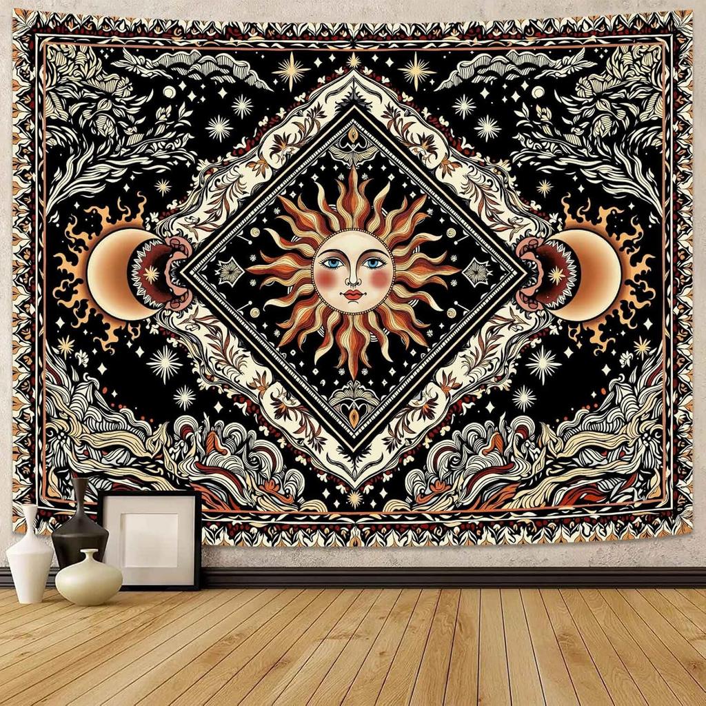 Celestial Sun Mushroom Skull Wall Tapestry  Moon Phase Botanical Wall Hanging for Bedroom and Living Room Decor  Boho Forest