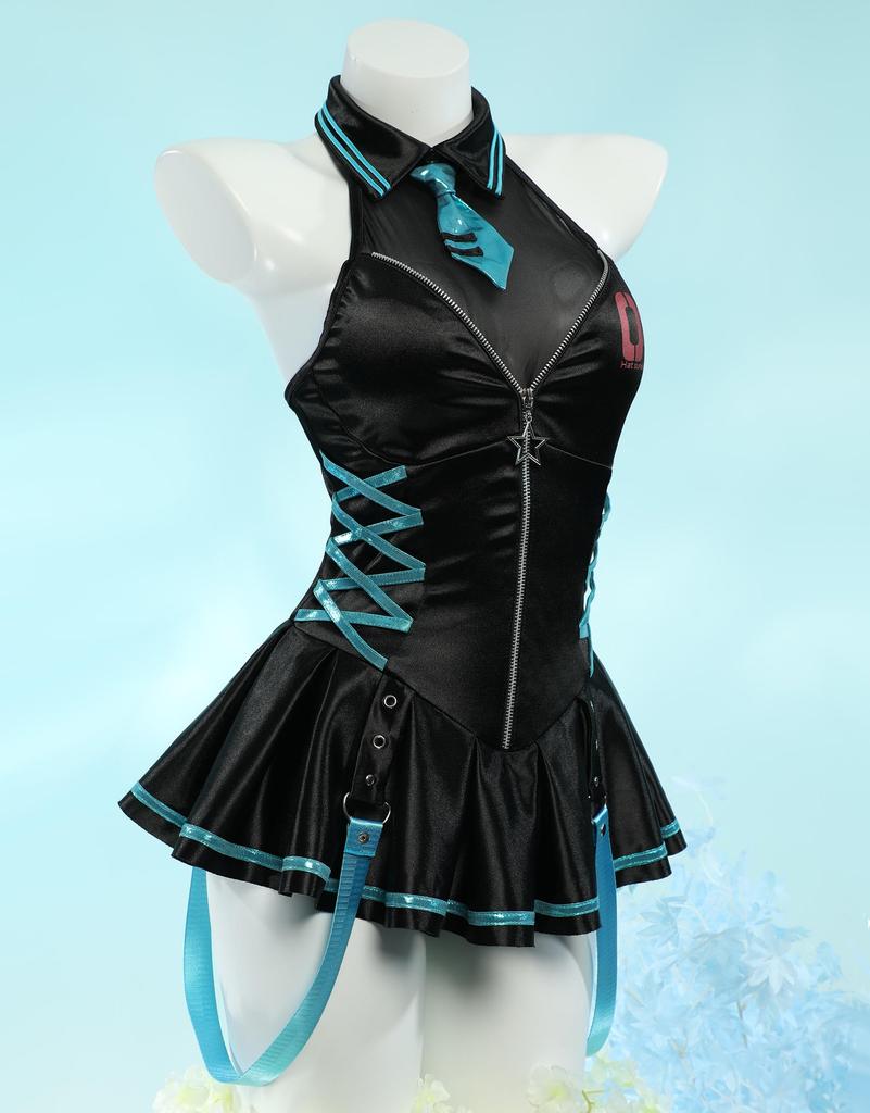 Anime Game Cute Swimsuit Bodysuit Halter Neck Costume Cosplay Fancy Dress Sleeveless Black Body Cover Sports Beach [Miccostumes] Women's One-Piece (S)