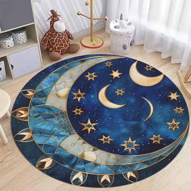 Vintage Celestial Sun and Moon Round Area Rug, Boho Starry Sky Floor Mat for Kids Room Nursery, Soft Washable Home Decor Carpet