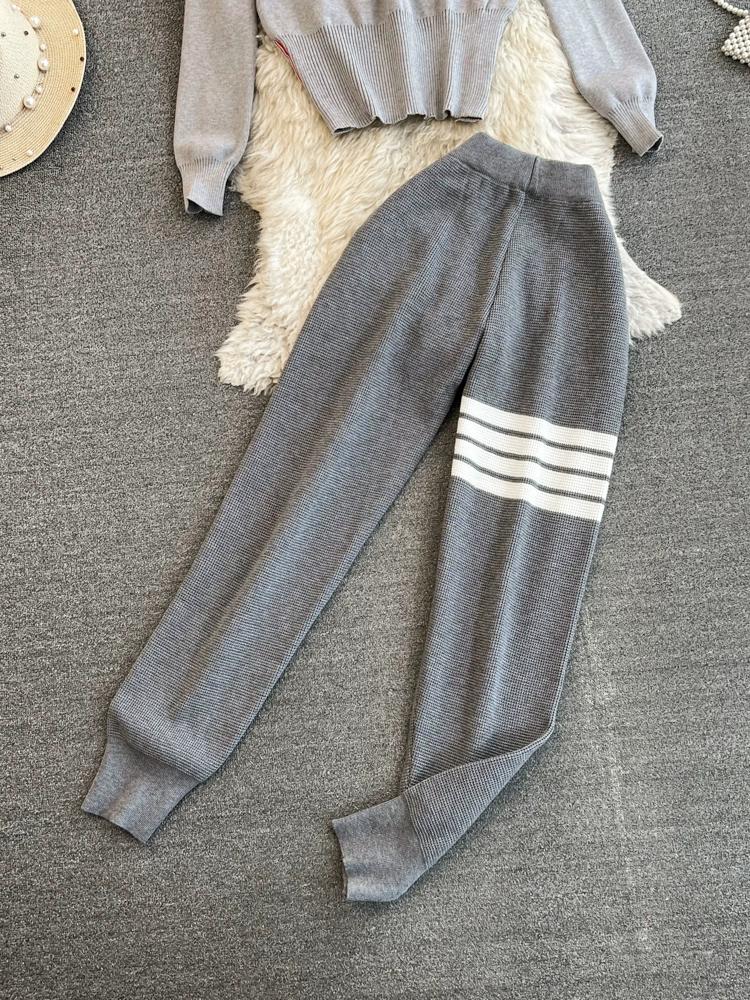 Jaro Podzim Ženy Pletený svetr Pruhované tepláky Módní Kreslený Psí výšivka Pulovr Topy a délka ke kotníkům Dvoudílná sada kalhot